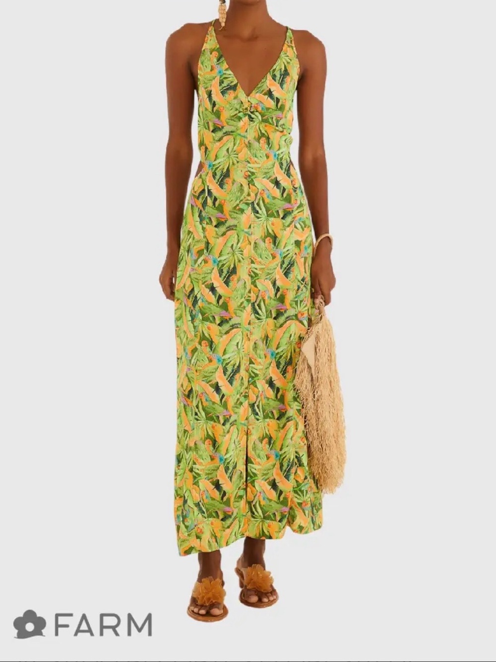 FARM Rio Green and Yellow Tropical V‑Neck Maxi Dress